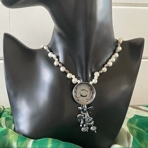 Handmade Statement Necklace Freshwater Pearl Mother of Pearl Snap Upcycle
